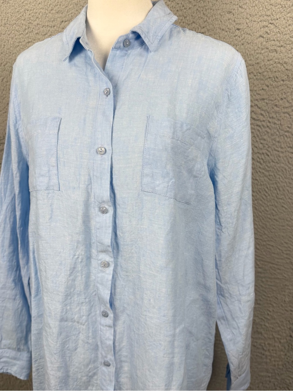 Saks Fifth Avenue Linen Dress Womens Large Blue Button Long Sleeve Preppy Casual